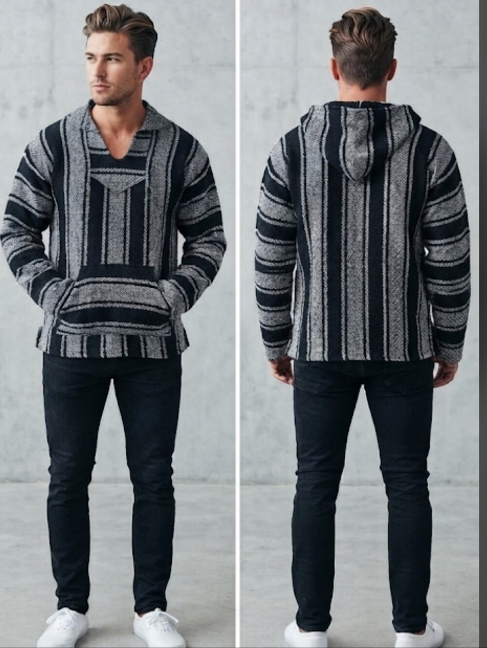 Vintage Unisex Black White Striped Baja Hoodie Jerga Knit Kangaroo Pocket M/L